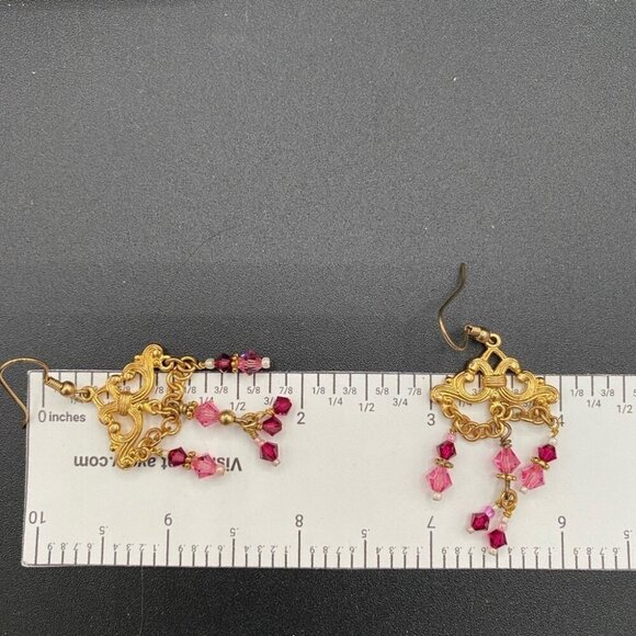 Pink Swarovski Beaded Chandelier Earrings with Gold-tone Victorian Design - Picture 8 of 11